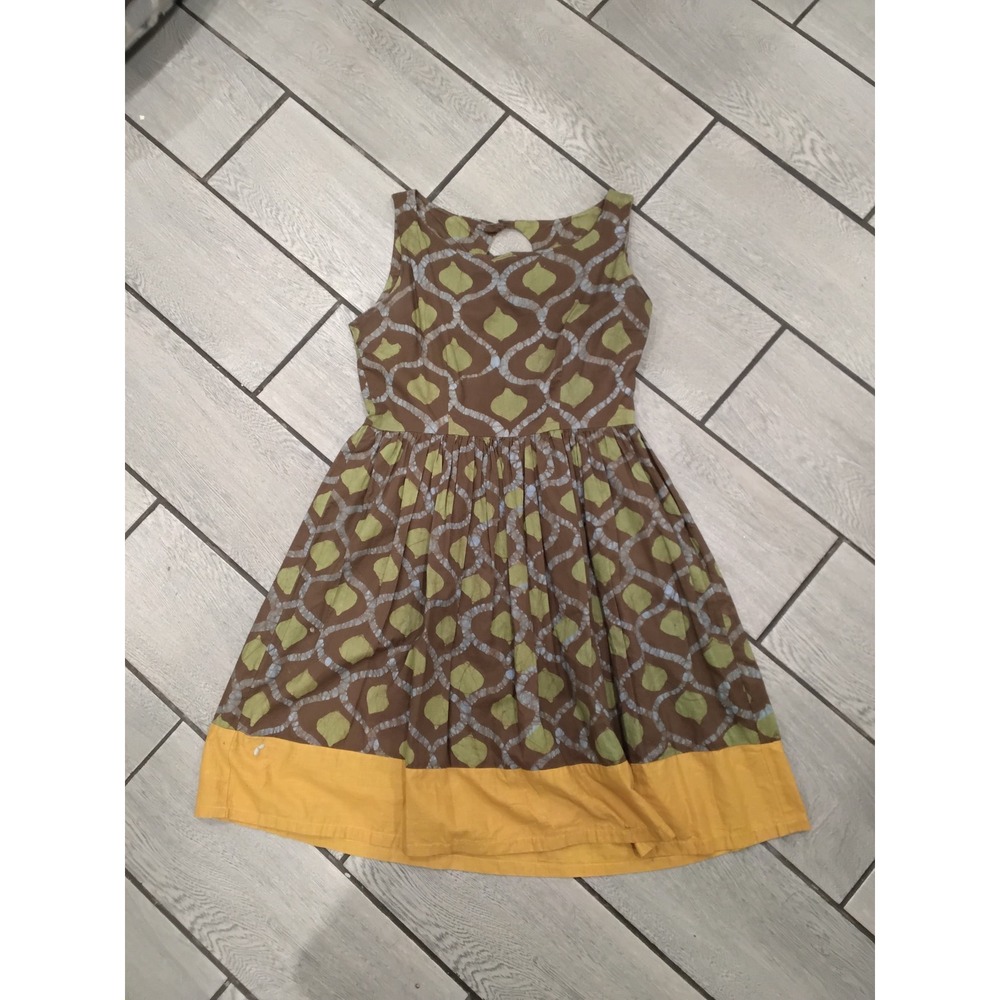 Global Mamas Batik Cotton Fit Flare Dress Brown Green Yellow Keyhole Back Size M
